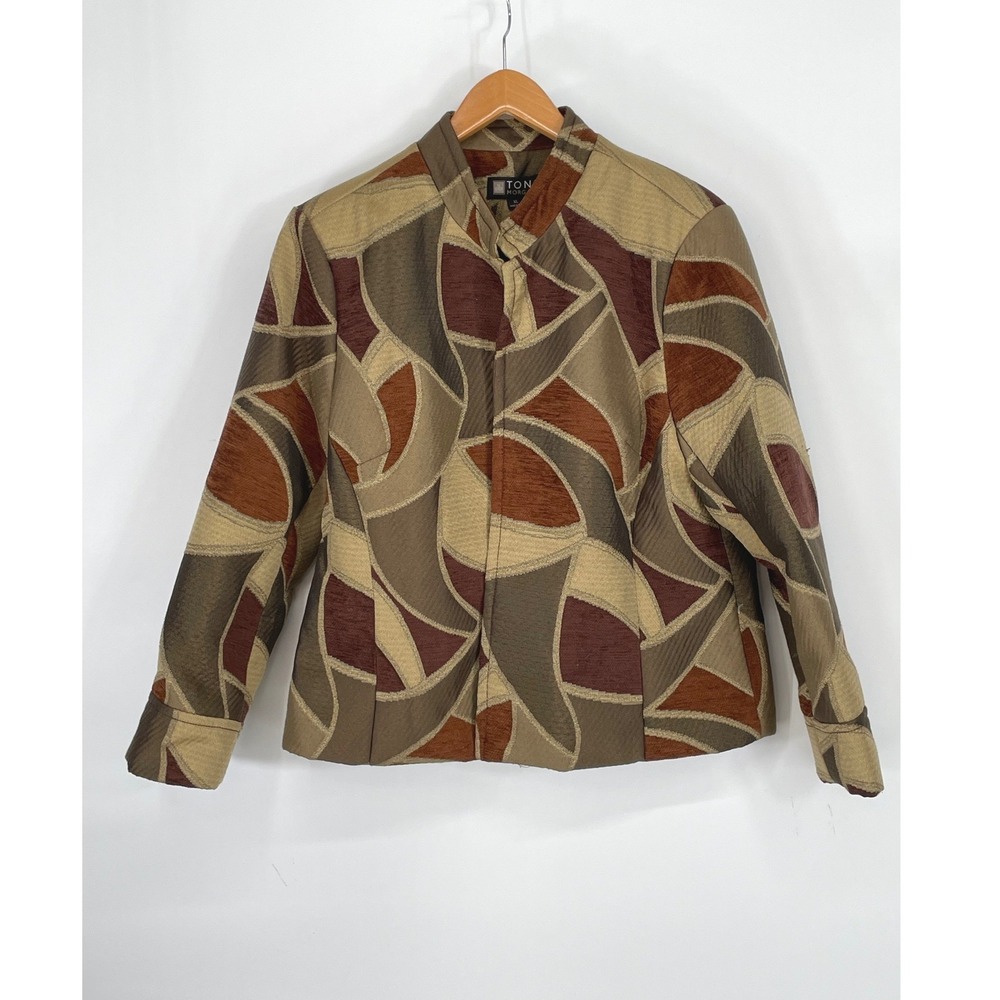 Toni Morgan Womens Jacket XL Blazer Brown Tan Abstract Tapestry Mock Artistic